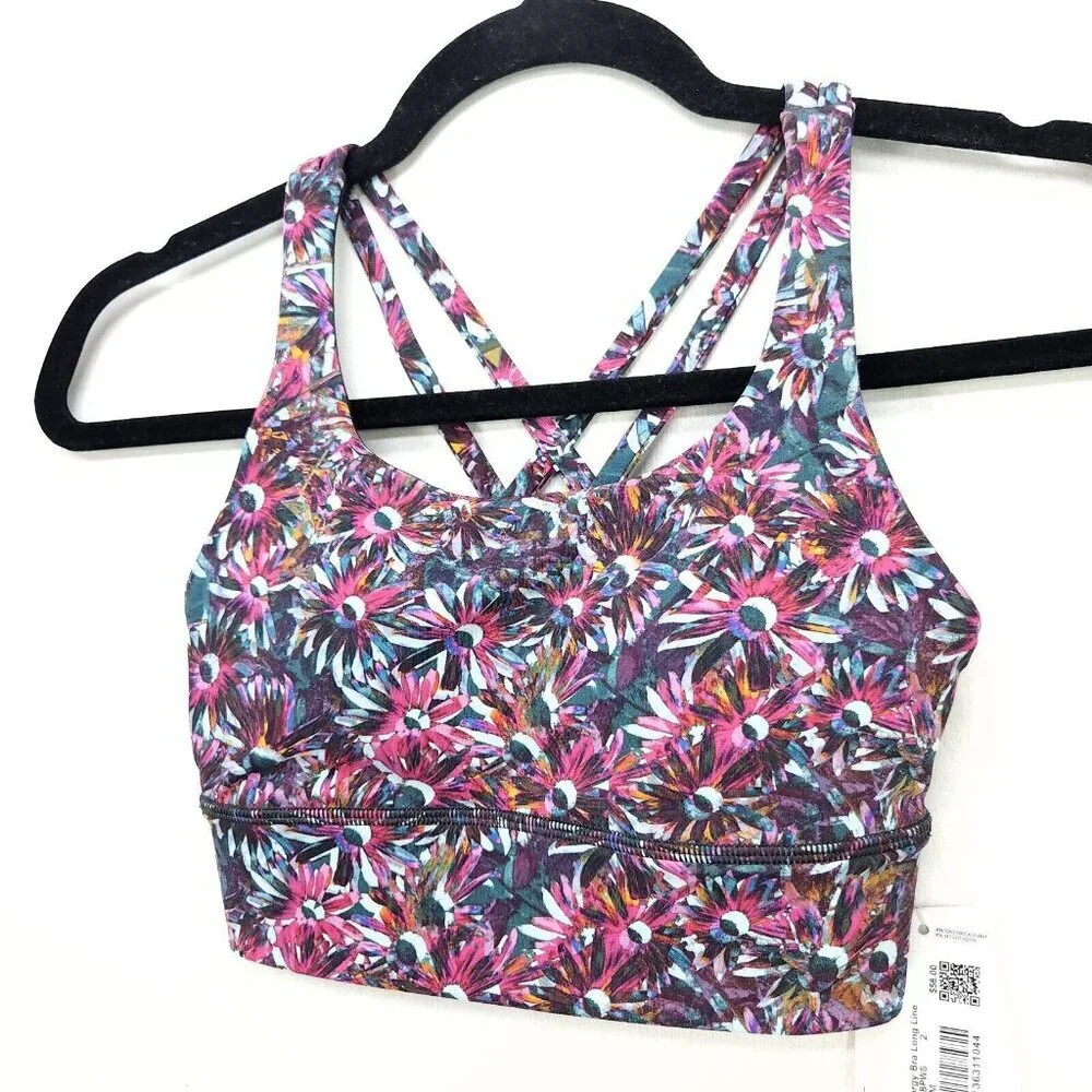 Lululemon Energy Longline Bra Medium Support Size 2 Floral Electric Strappy Back - Picture 14 of 15